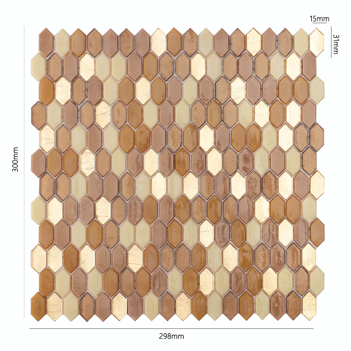 Obverse side of brown and flicker gold picket glass mosaic tiles, showing size