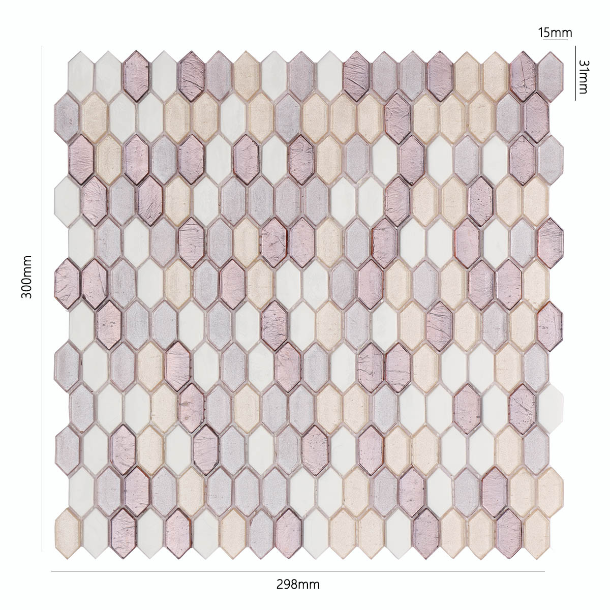 Obverse side of light purple and white picket glass mosaic tiles, showing size