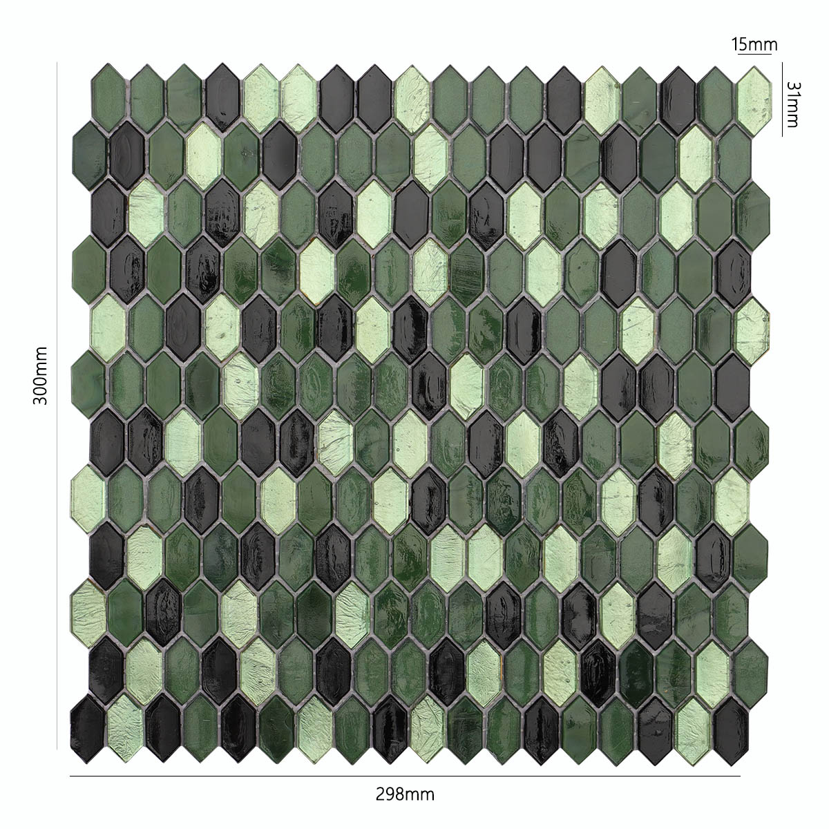 Obverse side of mini picket green and black glossy glass mosaic tiles, showing size