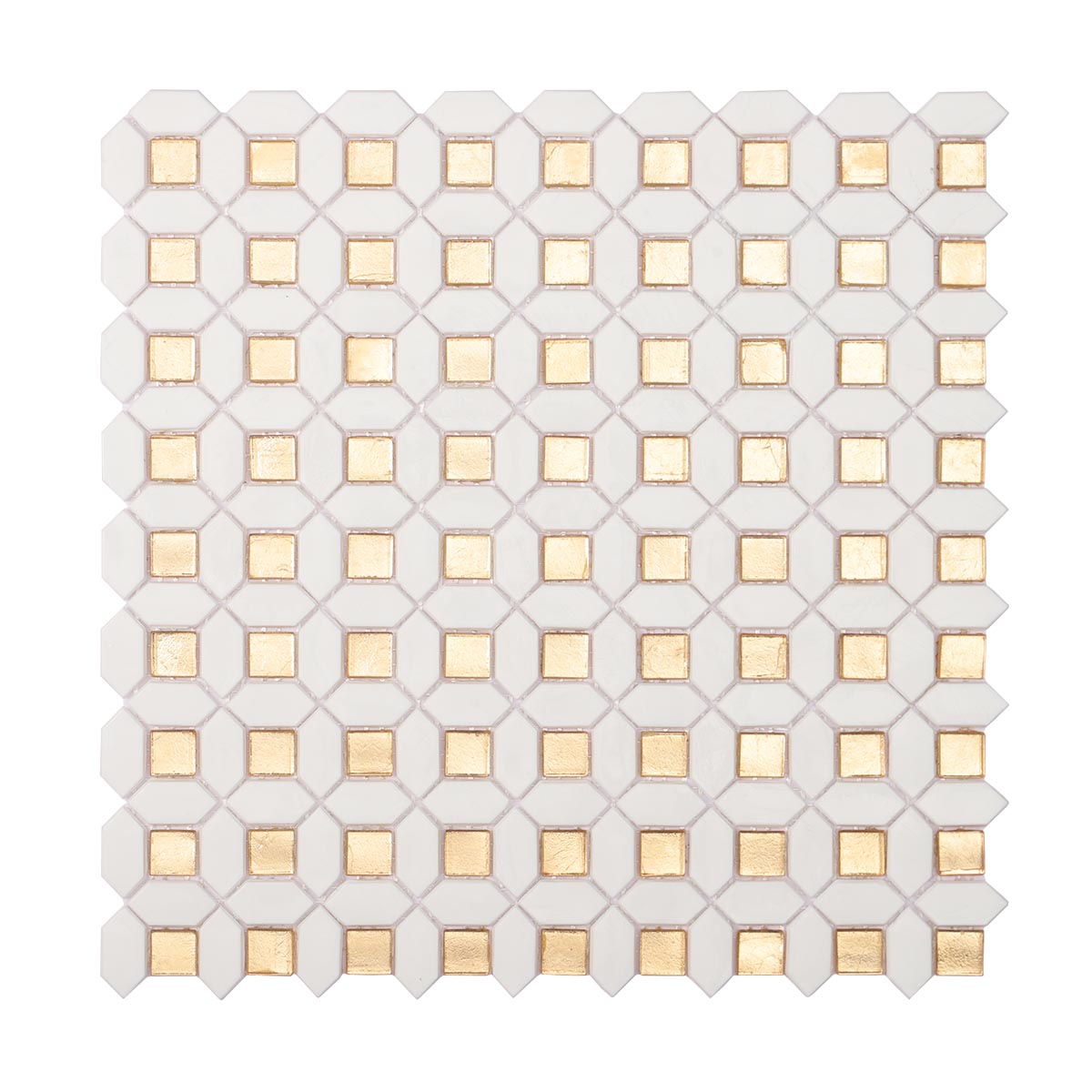 Obverse side of glossy gold and white glass mosaic tiles