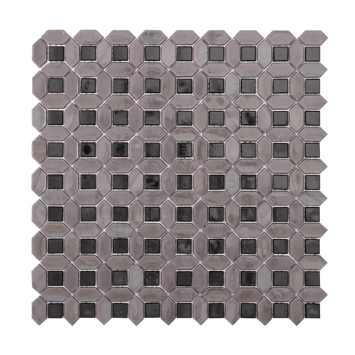 Obverse side of gray picket and black square glass mosaic tiles