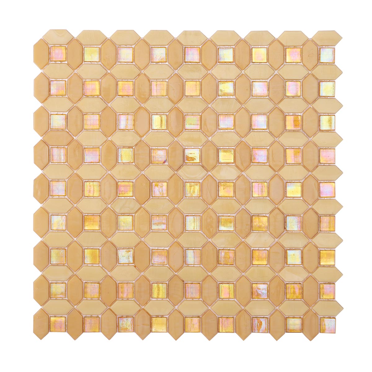 Obverse side of iridescent orange picket glass mosaic tile