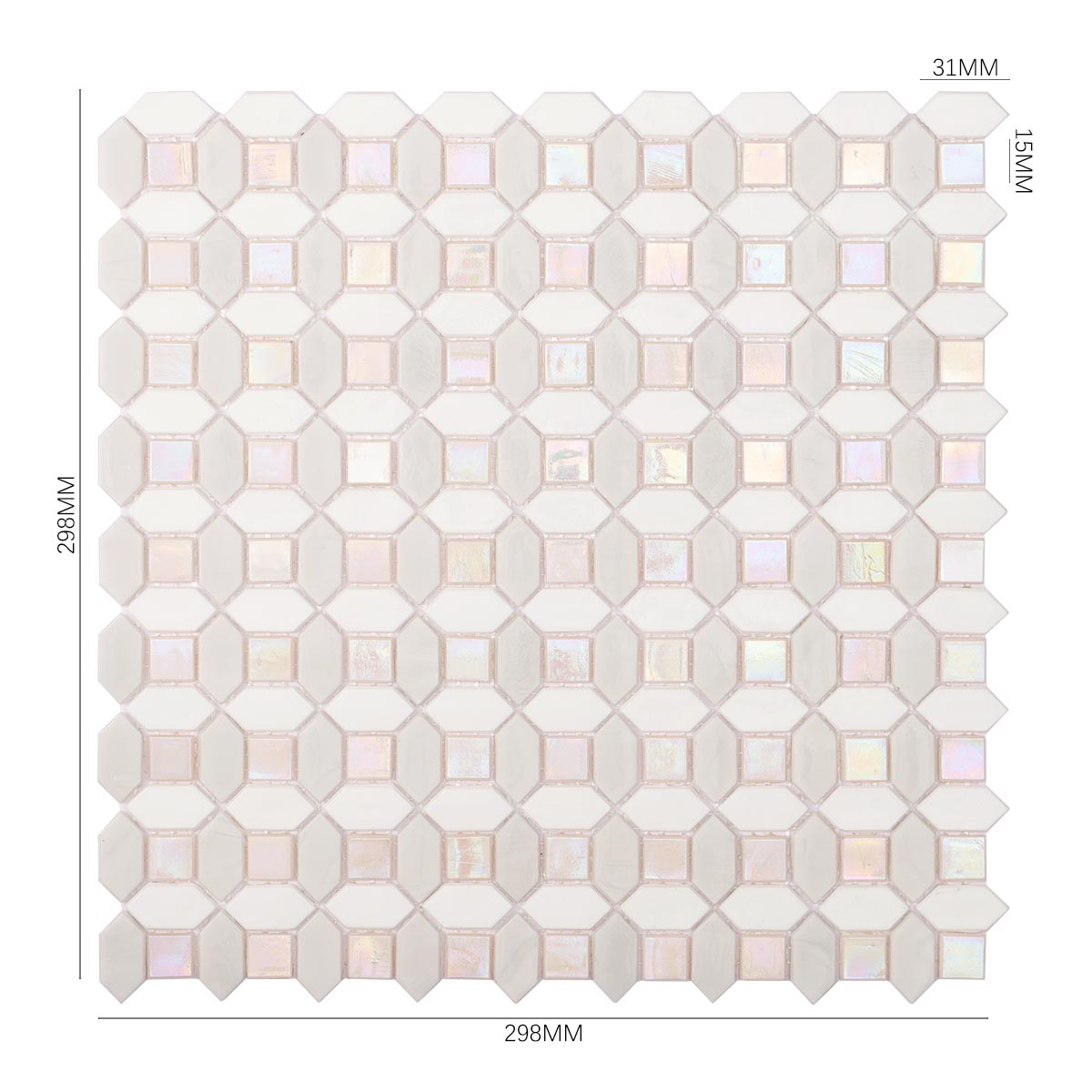 Obverse side of white and light gray picket glass mosaic tile with size