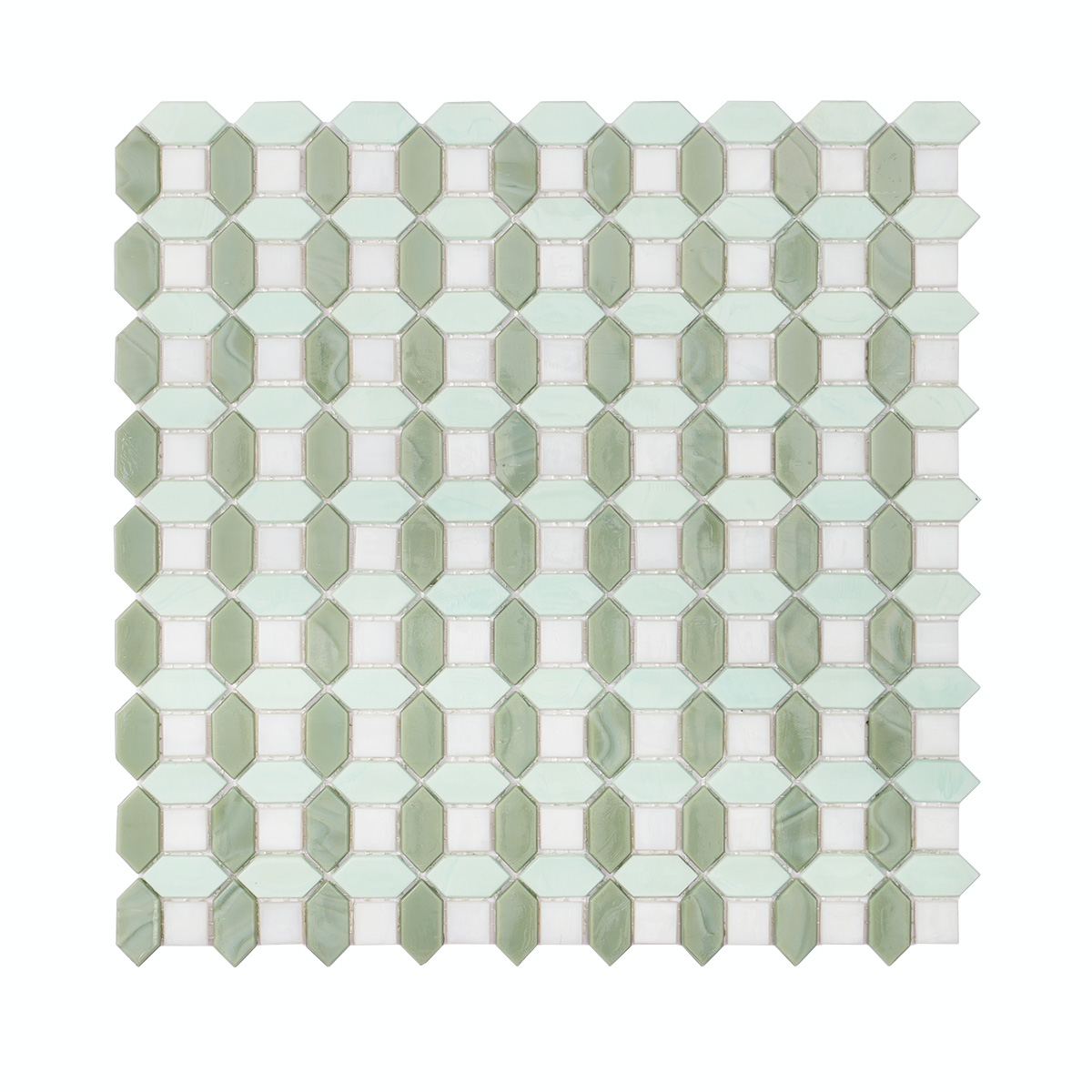 Obverse side of white and coastal green picket glass mosaic tile