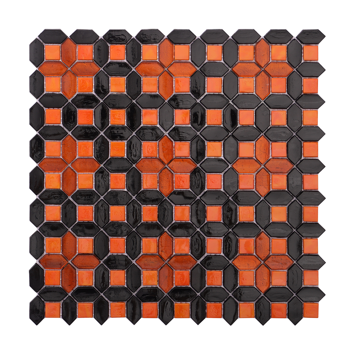 Obverse side of orange and black picket and square glass mosaic tiles
