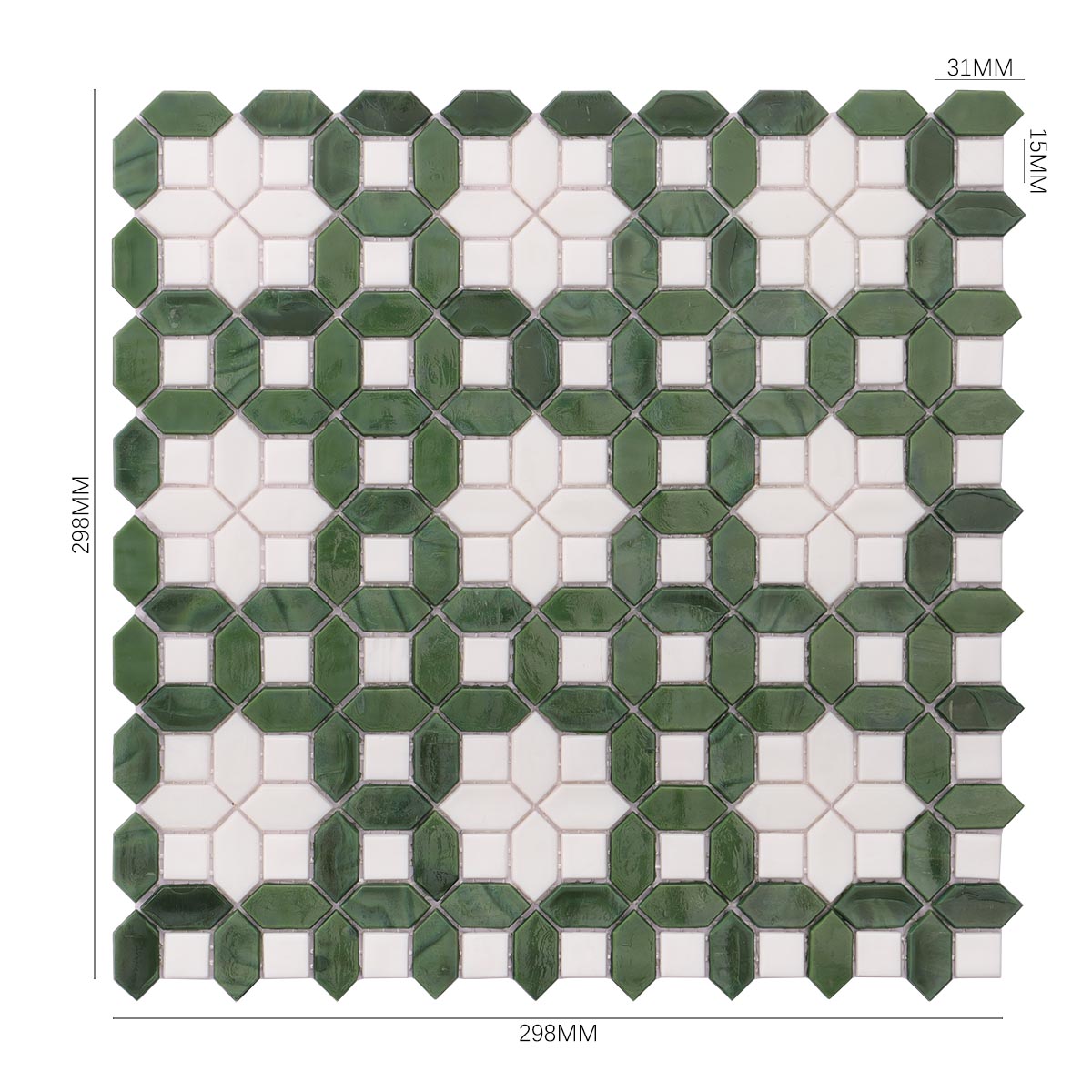 Obverse side of white and green picket glass mosaic tile, showing size