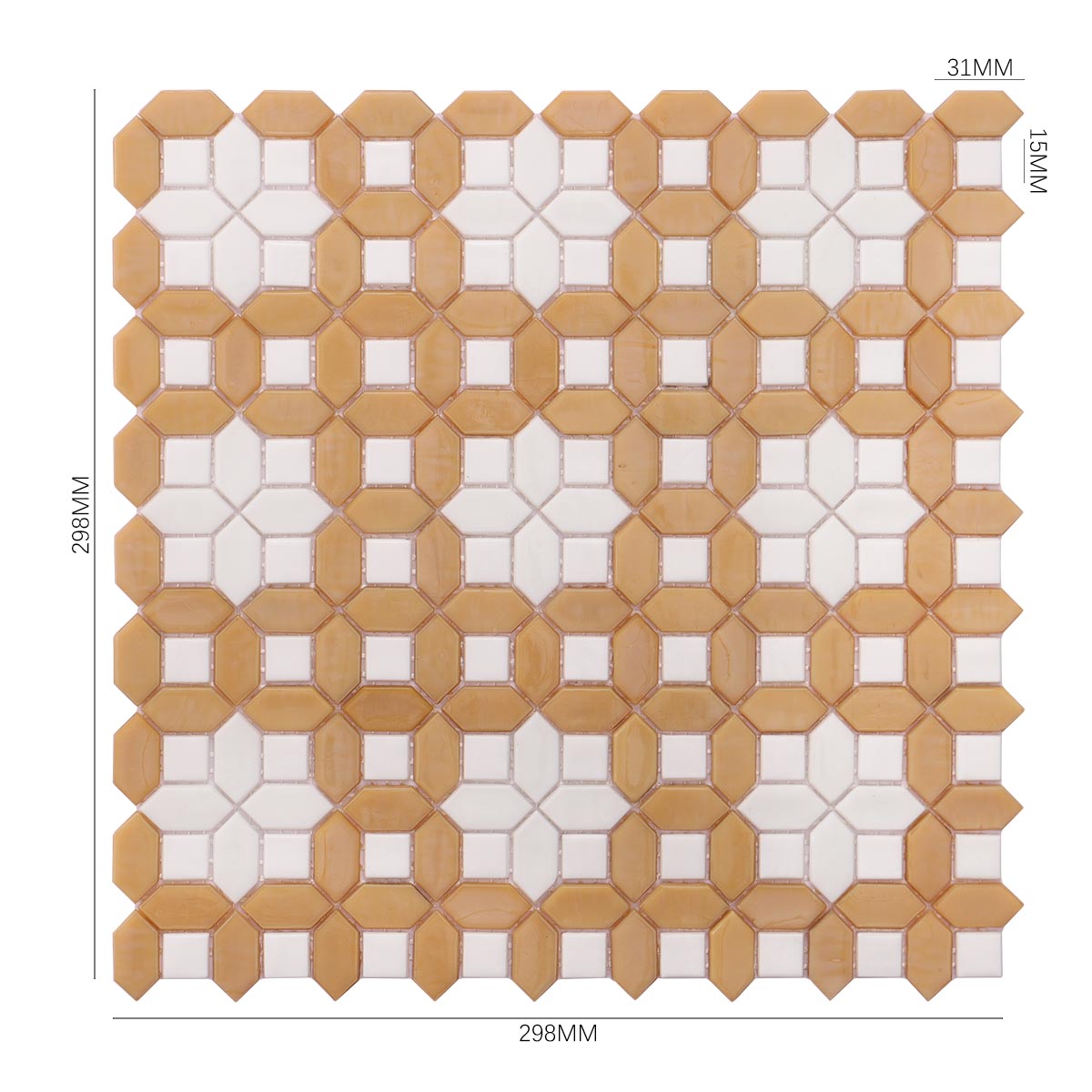 Obverse side of white and deep beige picket polished glass mosaic tiles, showing size
