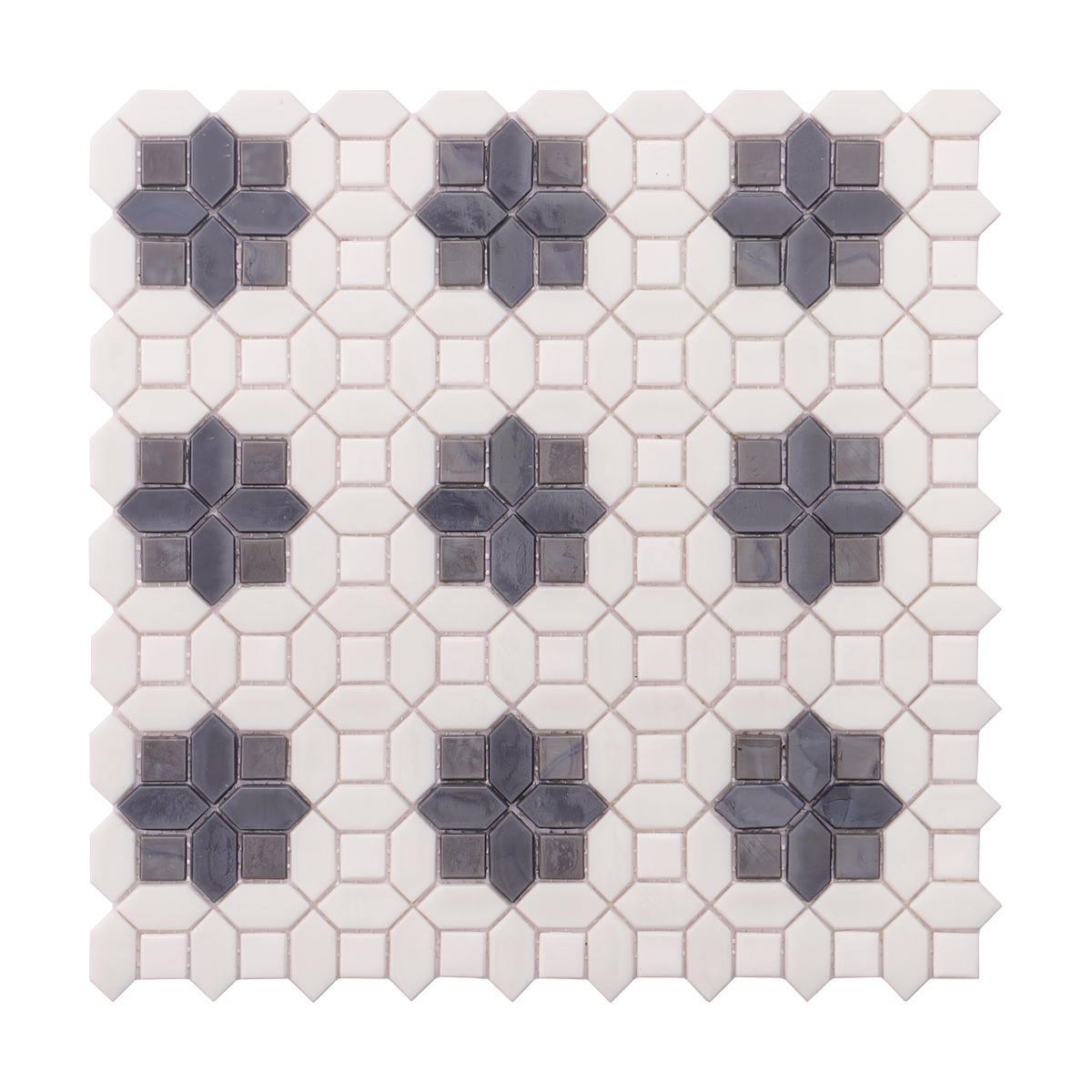 Obverse side of gray and white glass picket mosaic tiles