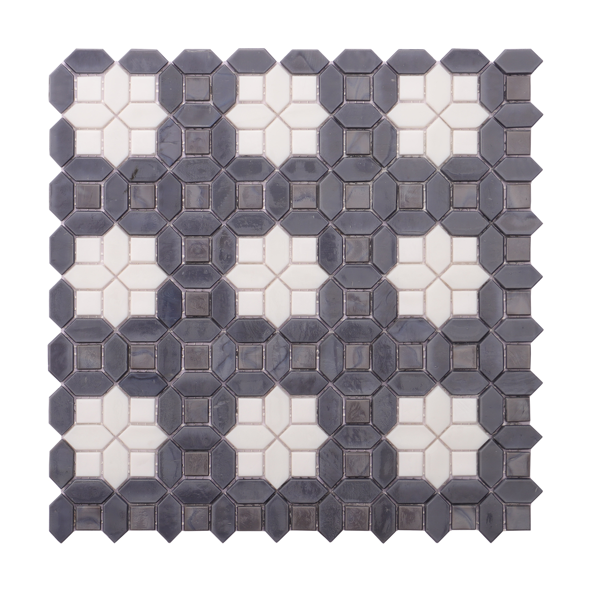 Obverse side of gray and white picket with square glass mosaic tiles