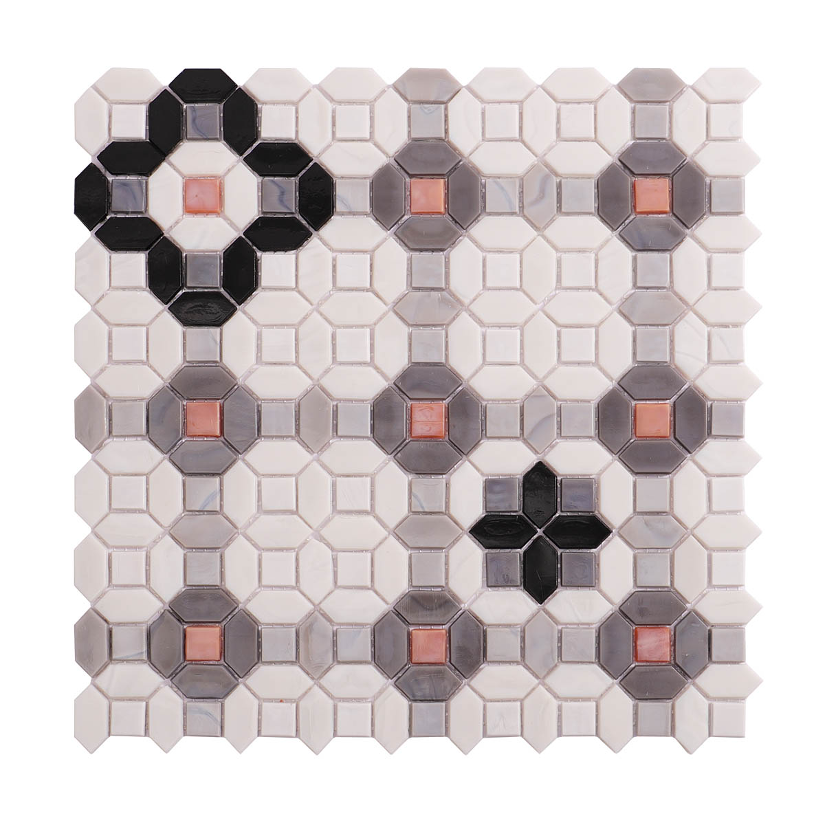 Obverse side of gray and white flower glass mosaic tiles
