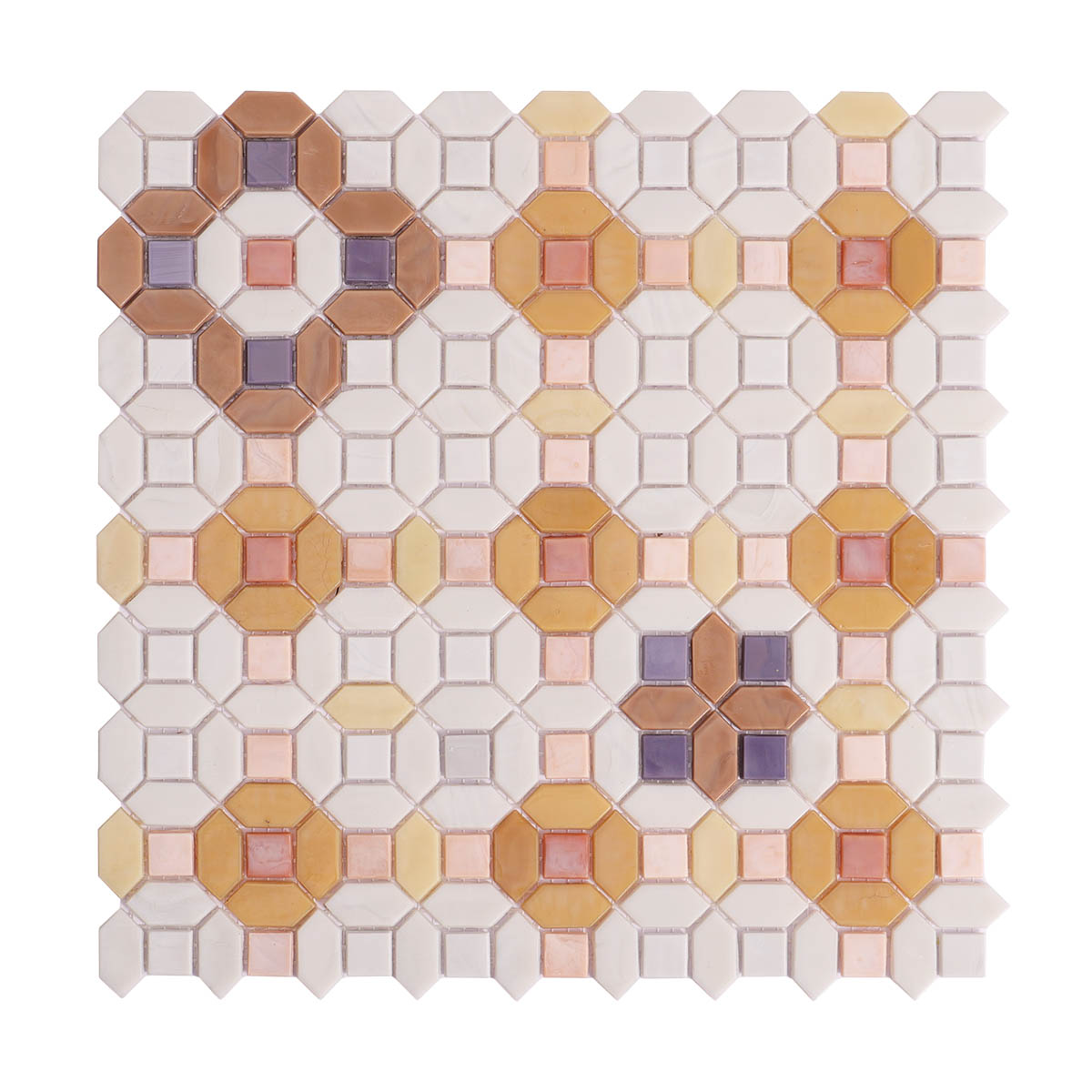 Obverse side of floral orange and white glass mosaic tiles