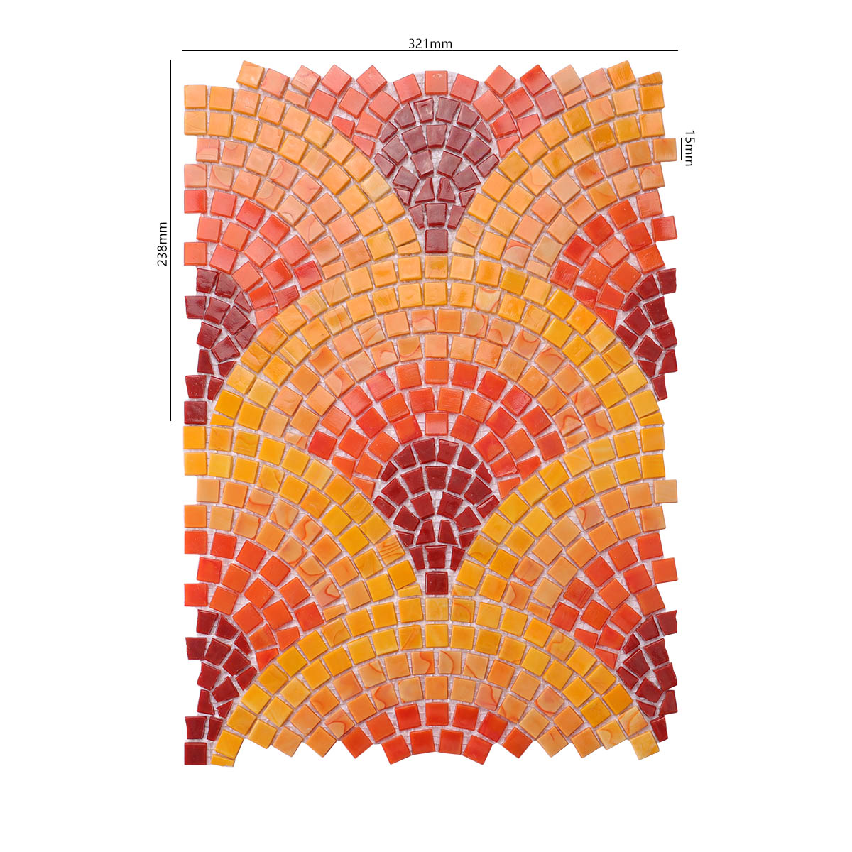 Obverse side of orange and red glass mural mosaic for wall art, showing size