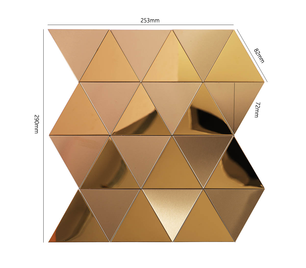 Size view of obverse side of gold triangle metal mosaic wall tiles