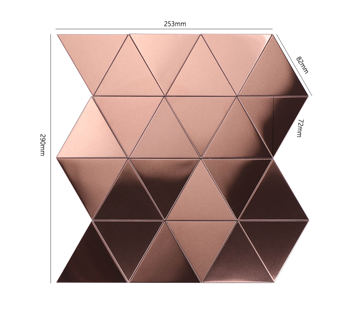 Obverse side of rose gold triangle stainless steel mosaic tiles with size