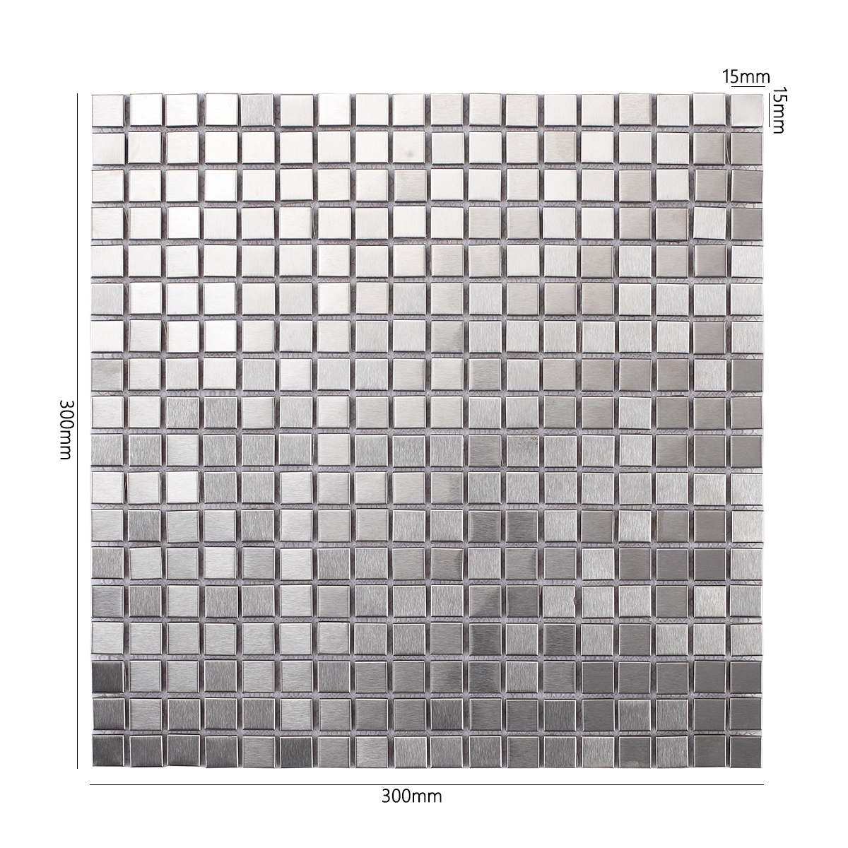 Back side of square silver stainless steel mosaic wall tiles, folded.
