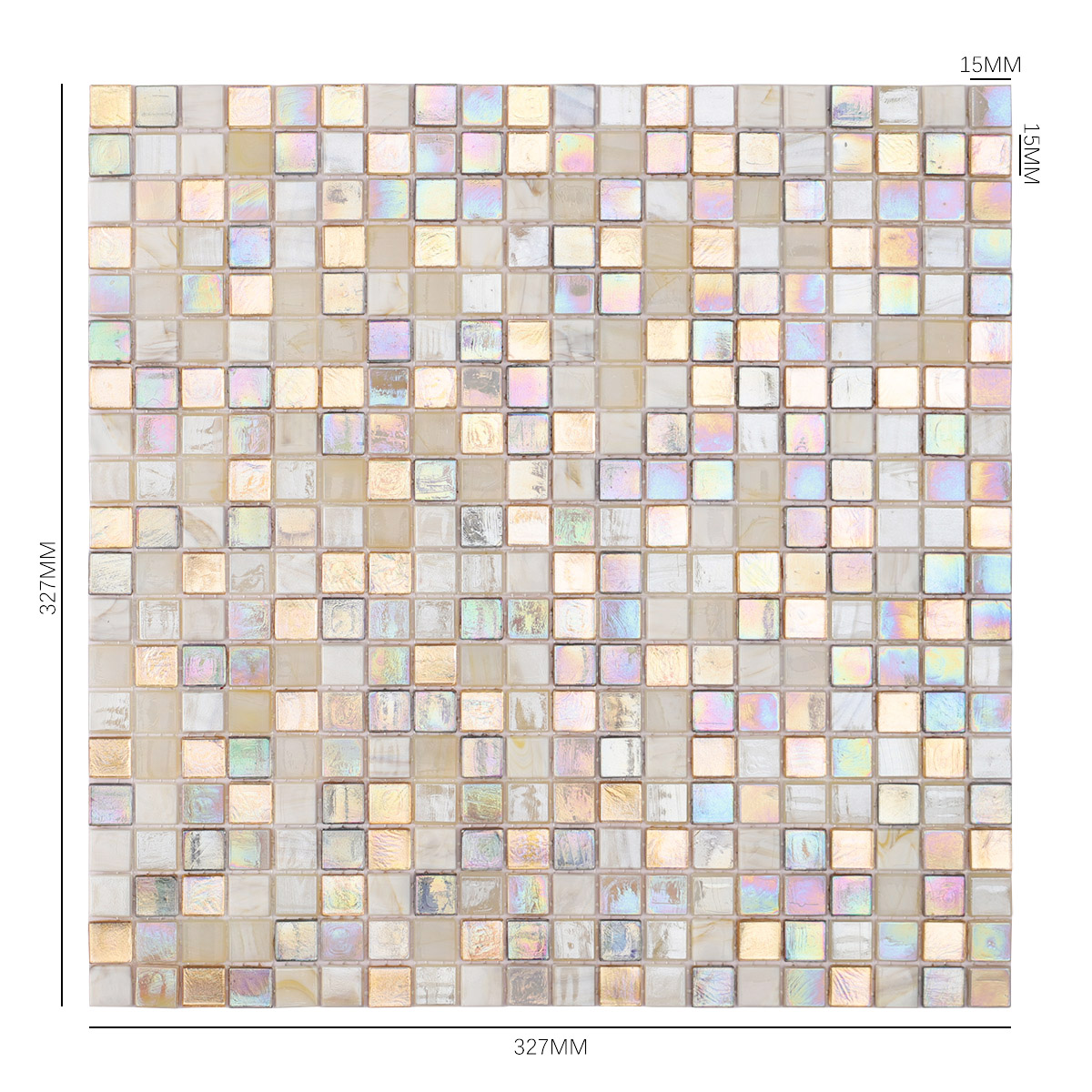 Size view of obverse side of beige and gold iridescent glass mosaic tiles mixed.
