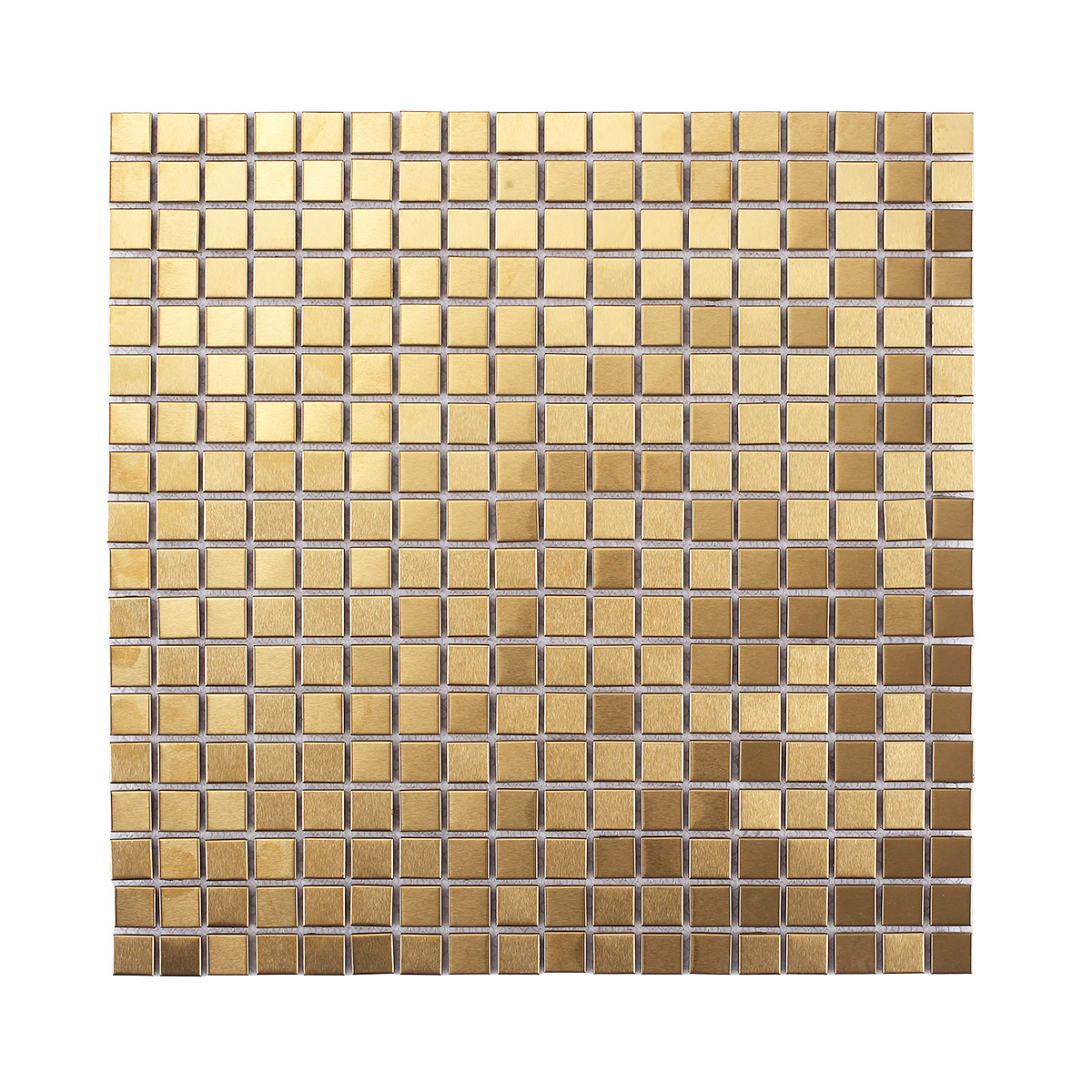 Obverse side of metallic gold square mosaic wall tiles.