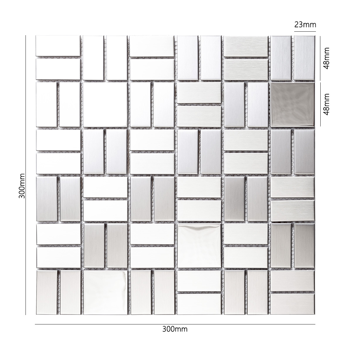 Obverse side of silver stainless steel mosaic tiles, showing size