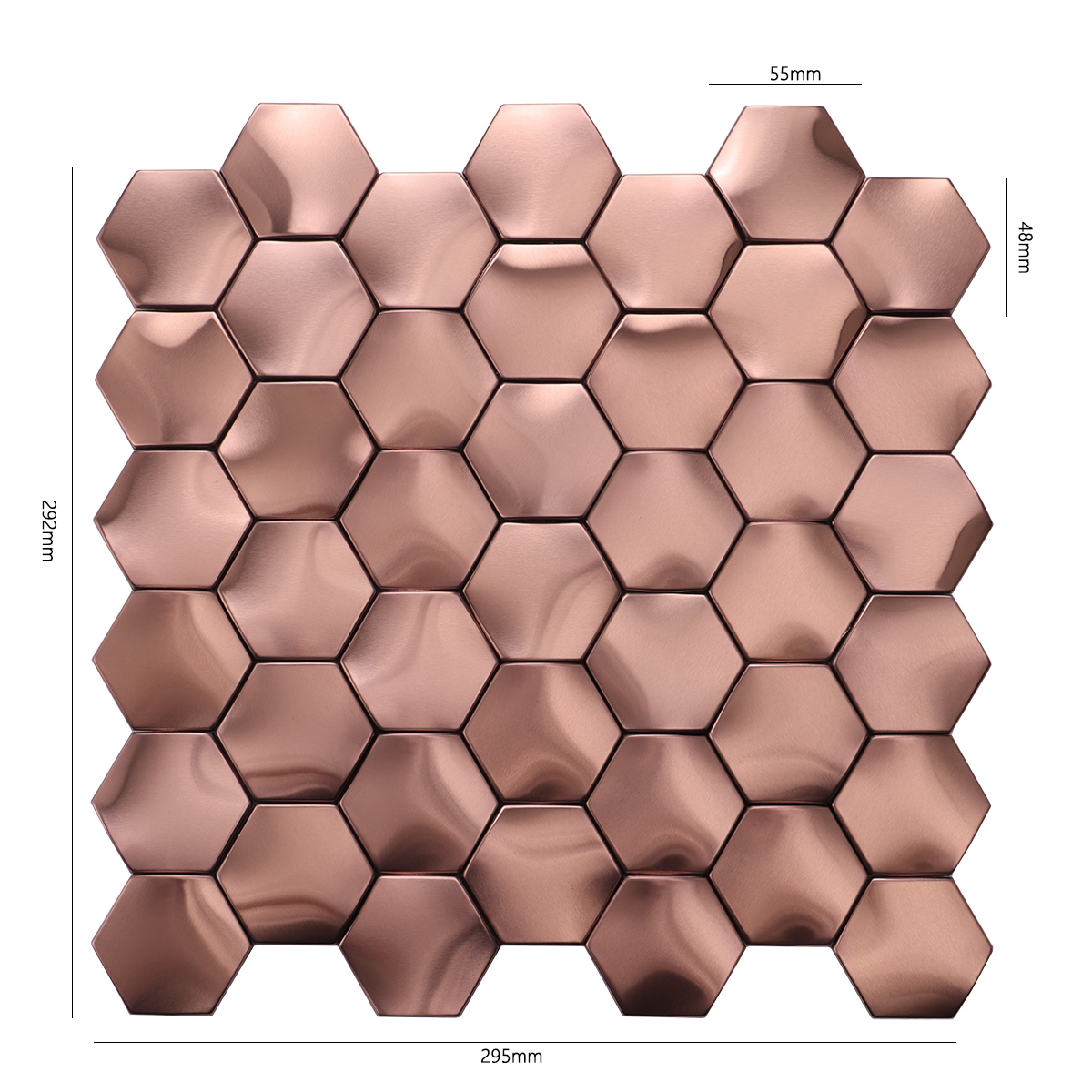 Obverse side of rose gold 3D hexagon stainless steel mosaic tiles, showing size.