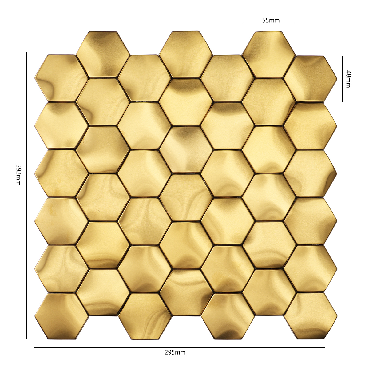Obverse side of 3D gold stainless steel hexagon mosaic wall tiles, showing size.