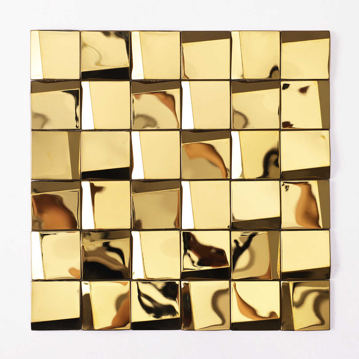 Obverse side of gold 3D stainless steel square mosaic tiles.
