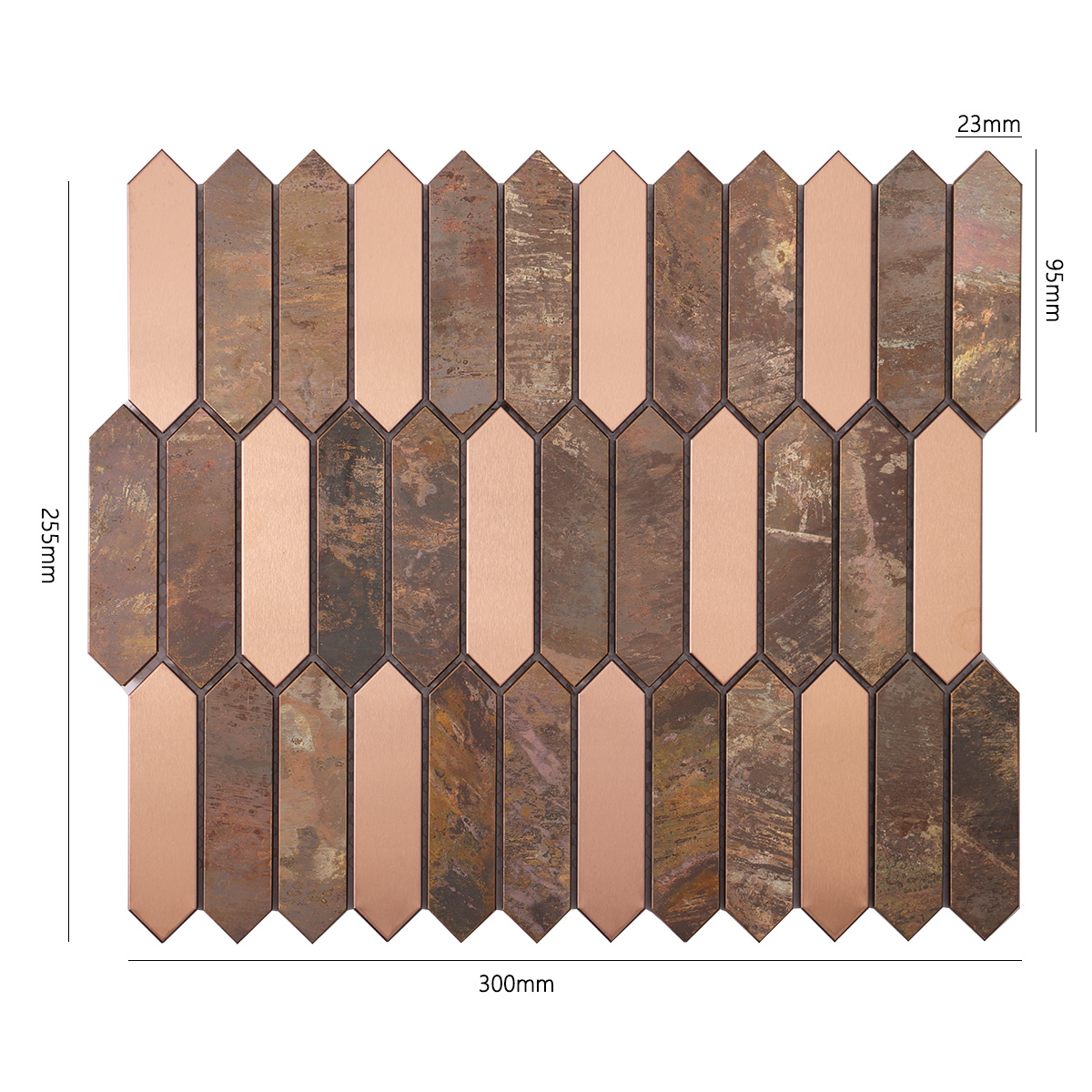 Obverse side of Picket copper and stainless steel metal mosaic tiles, showing size.
