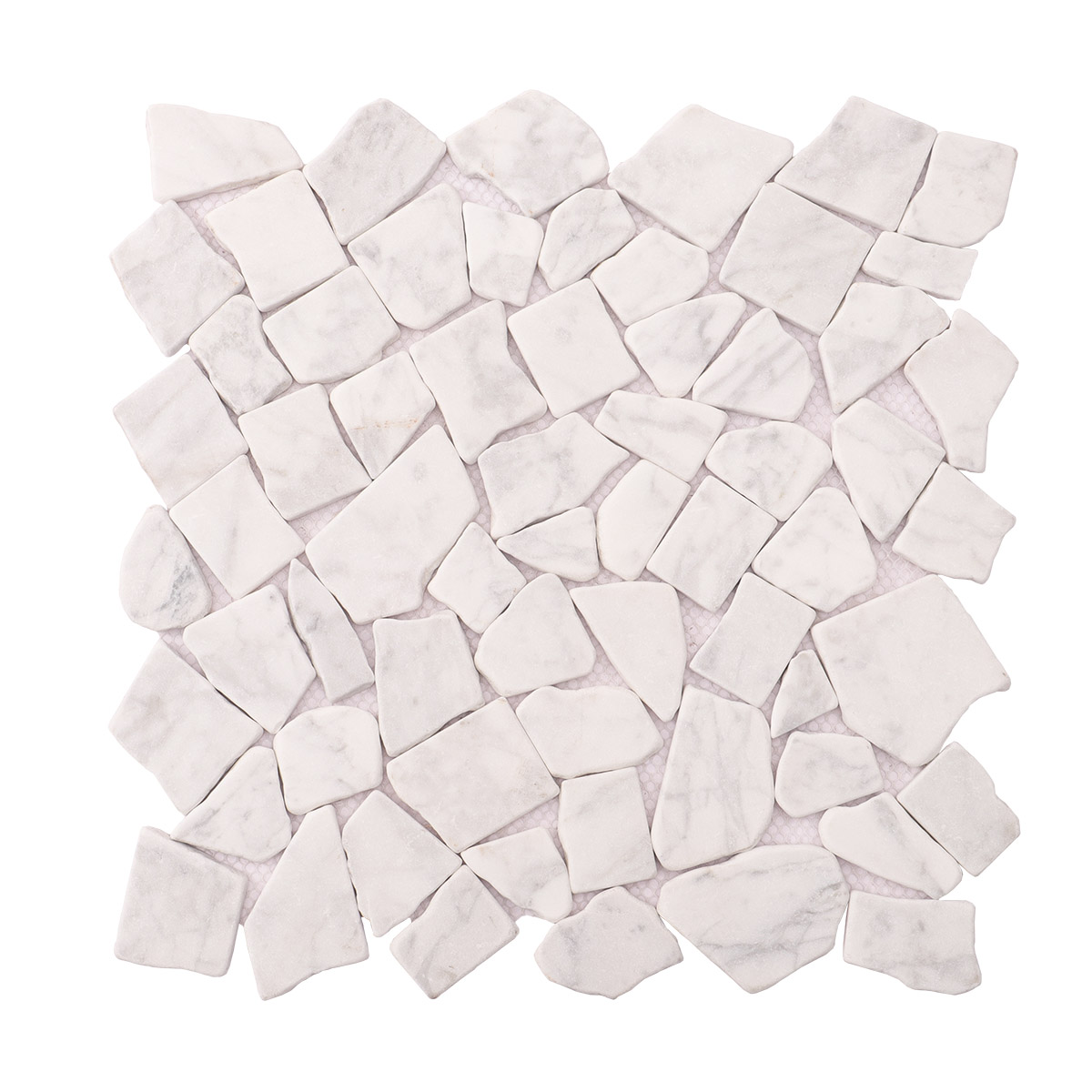 Obverse side of cracked white Carrara marble mosaic tile.