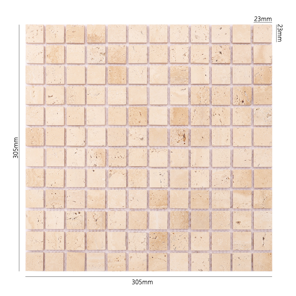 Size view of obverse side of light honed square mosaic travertine.