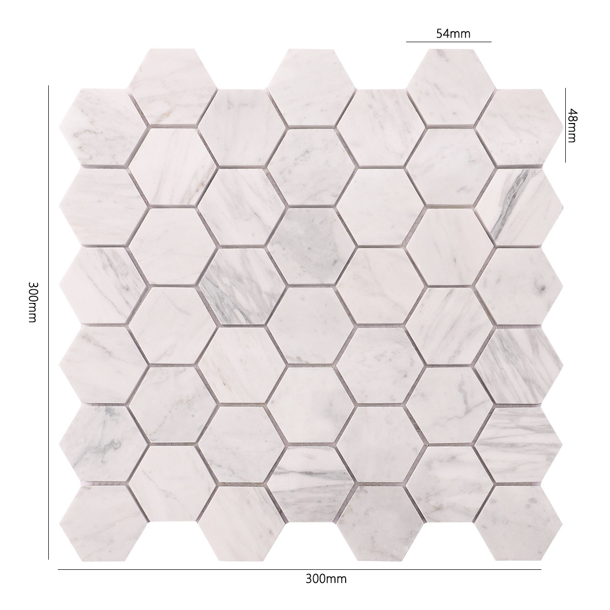 Size view of obverse side of Carrara white hexagon marble mosaic tiles.