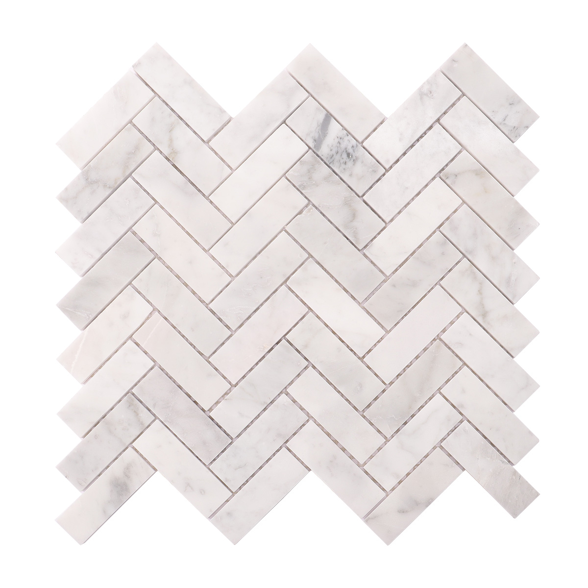Obverse side of polished herringbone Carrara white marble mosaic tiles.