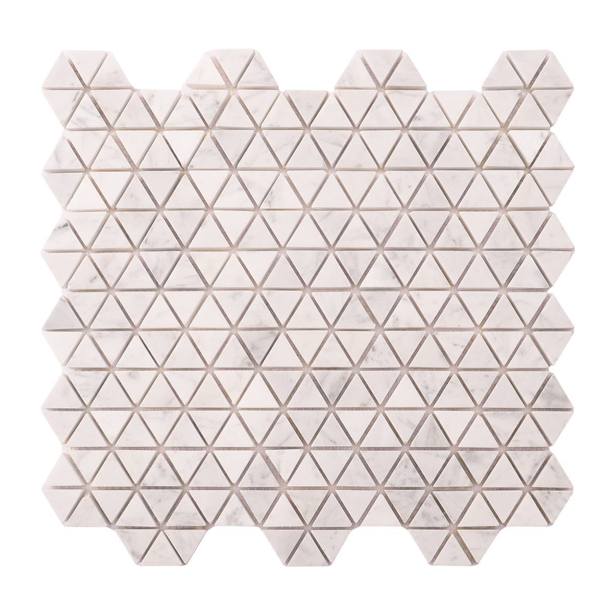 Obverse side of Carrara white geometric triangle marble mosaic tiles.