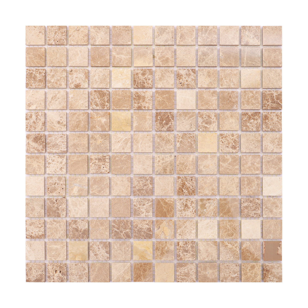 Obverse side of Emperador light polished marble mosaic tiles.