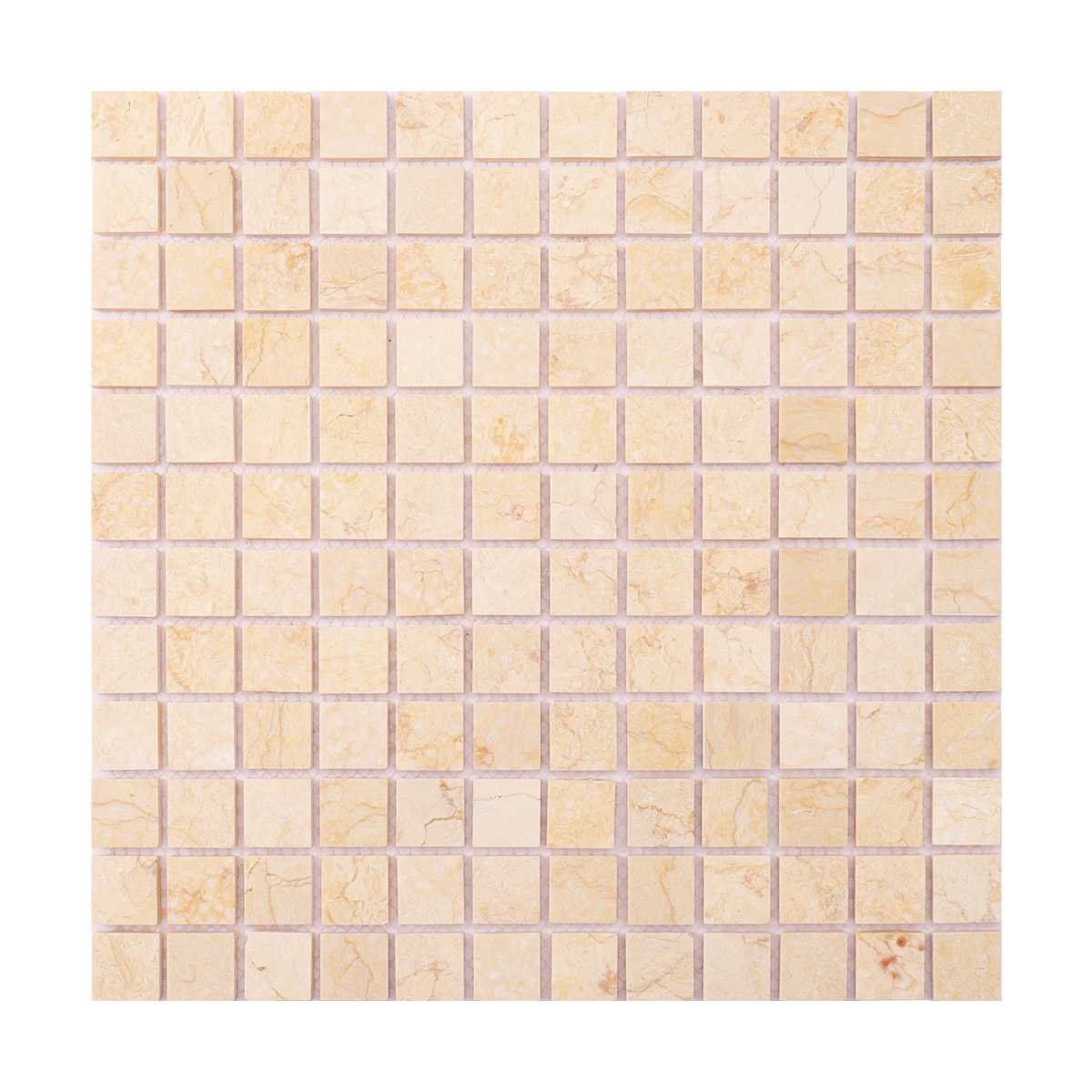 Obverse side of Crema Marfil square marble mosaic tiles.