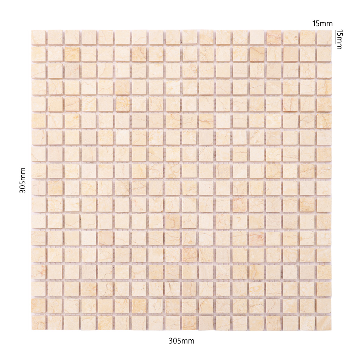 Obverse side of Crema Marfil polished marble mosaic tiles, showing size.