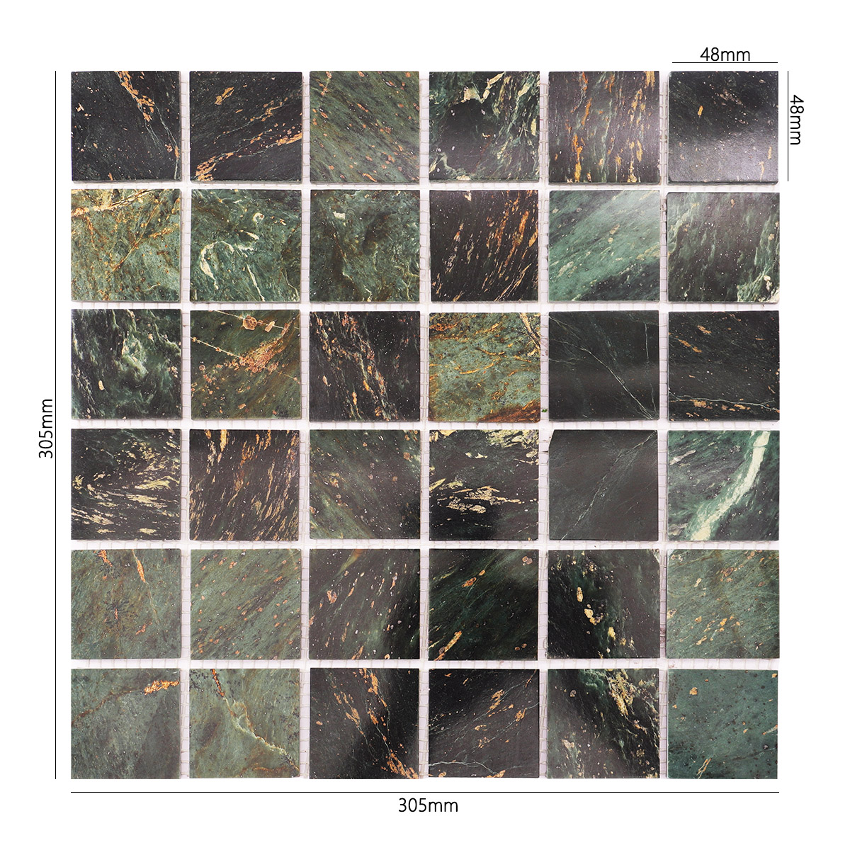 Size view of obverse side of Empress Green square marble mosaic tiles.