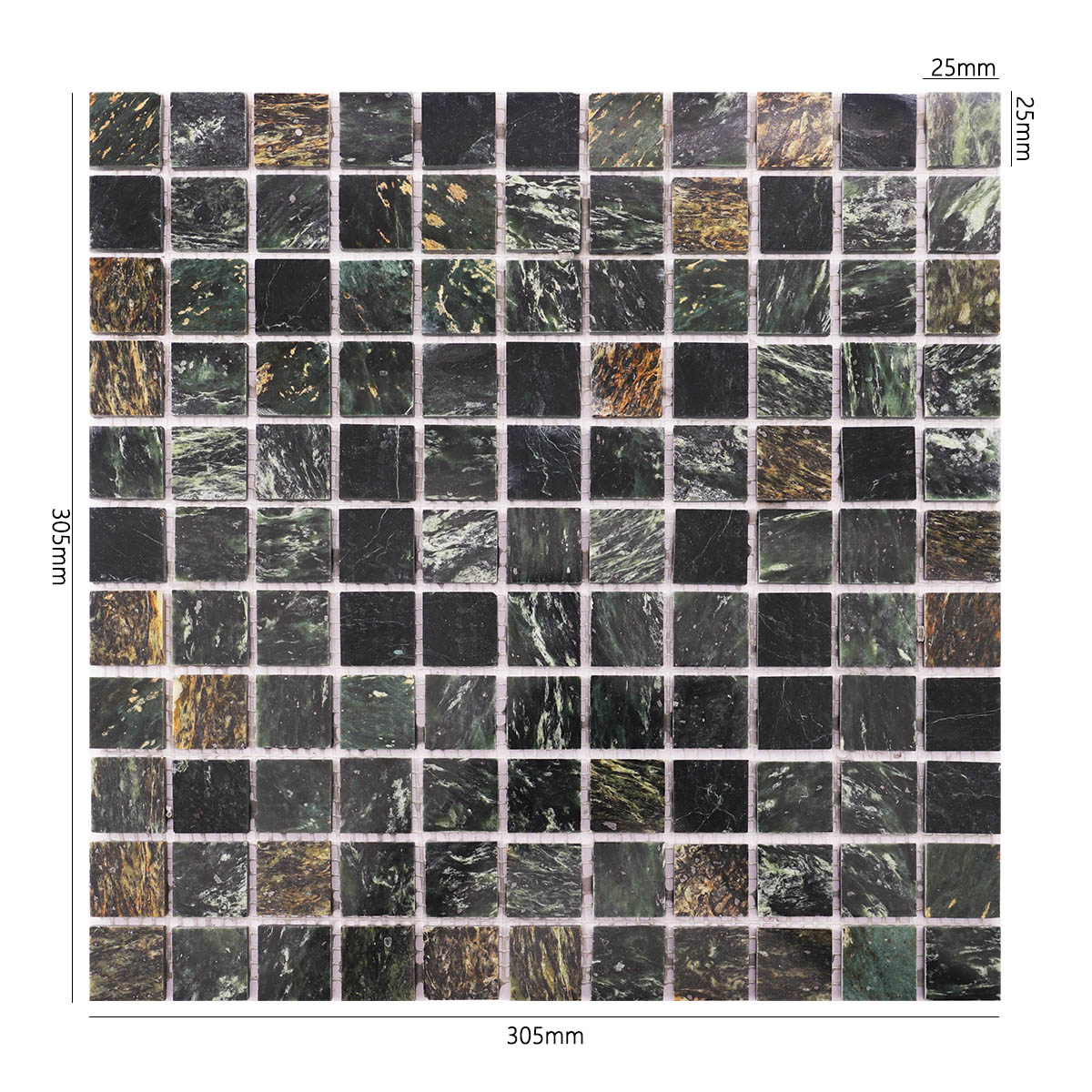 Size view of obverse side of Empress Green marble mosaic stone tiles.