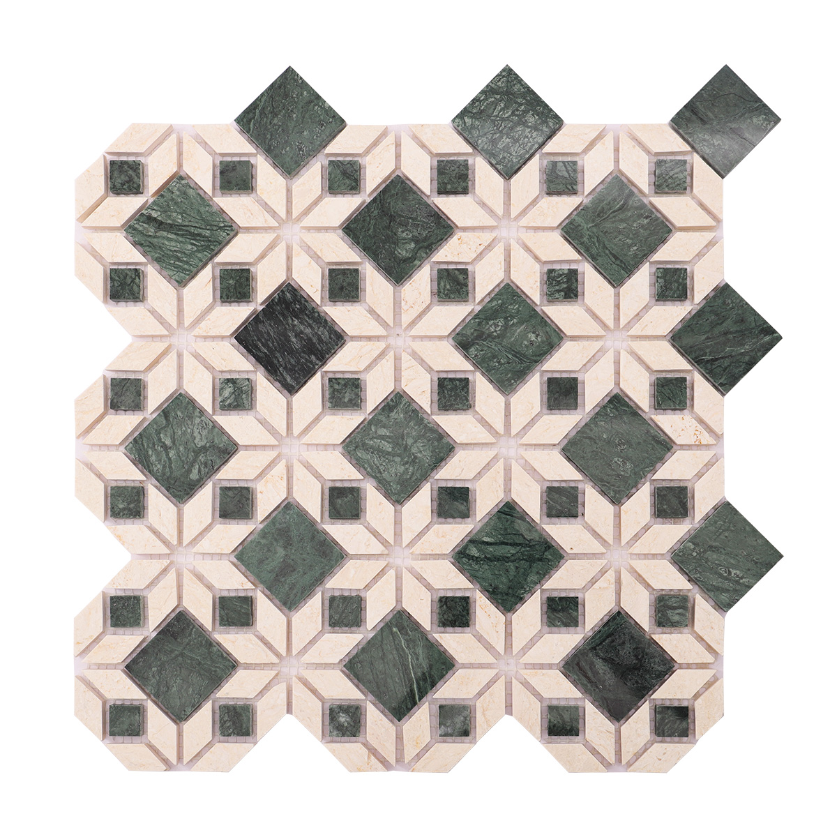 Obverse side of green mixed beige marble mosaic natural stone tiles.