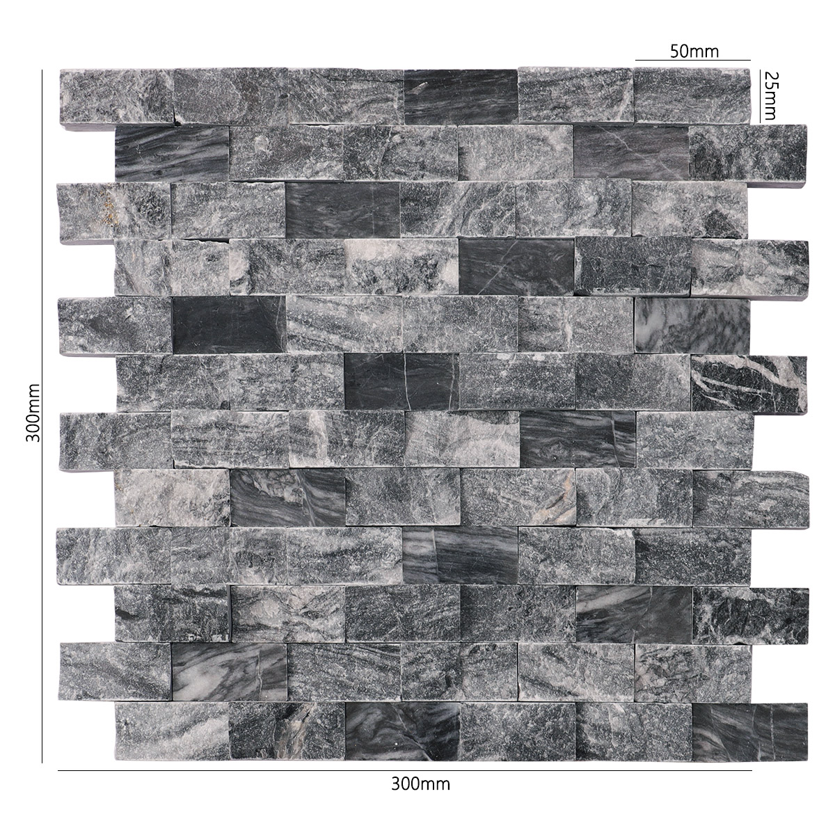 Size view of obverse side of gray split face marble mosaic wall tiles.