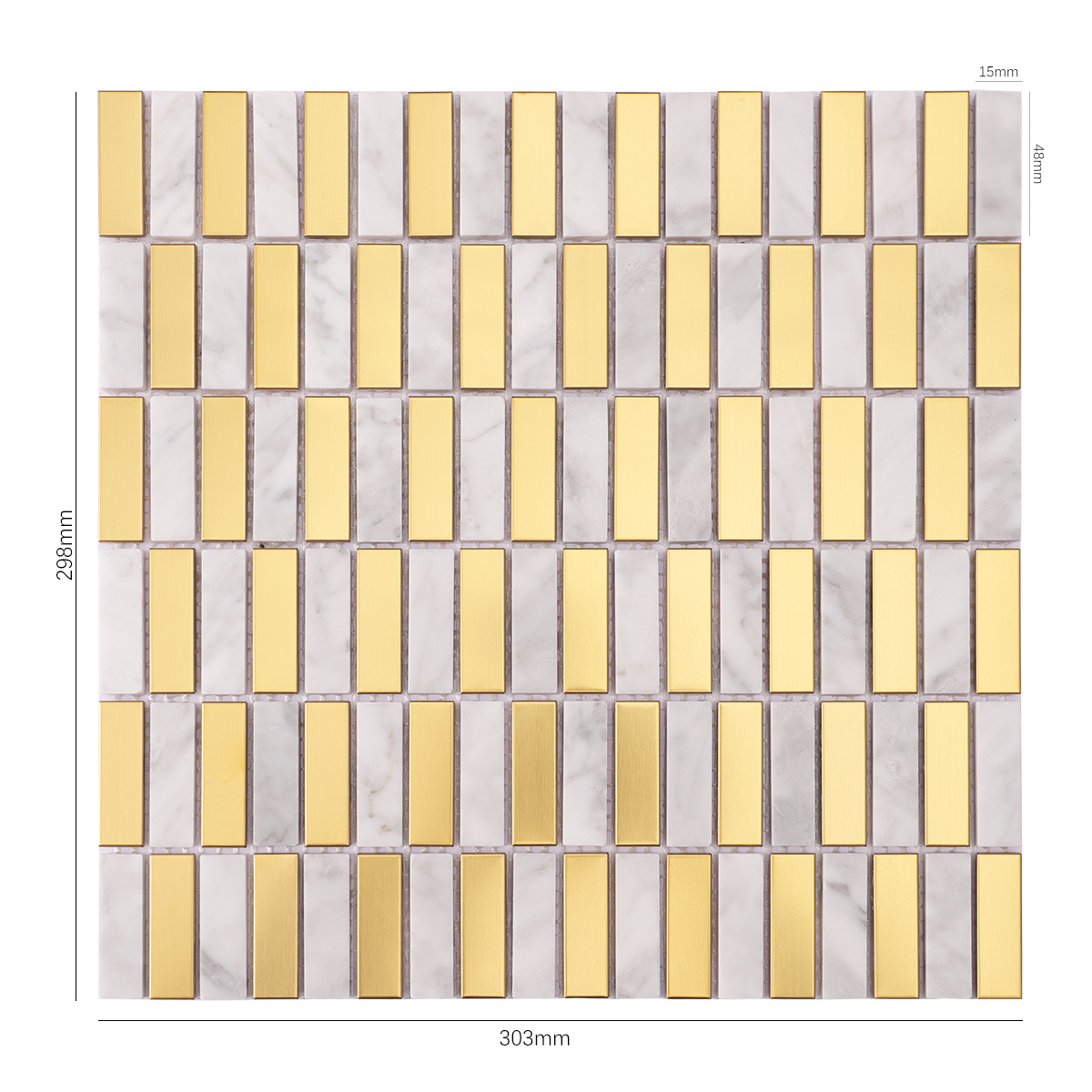 Size view of obverse side of gold metal and Carrara white marble mosaic tiles.