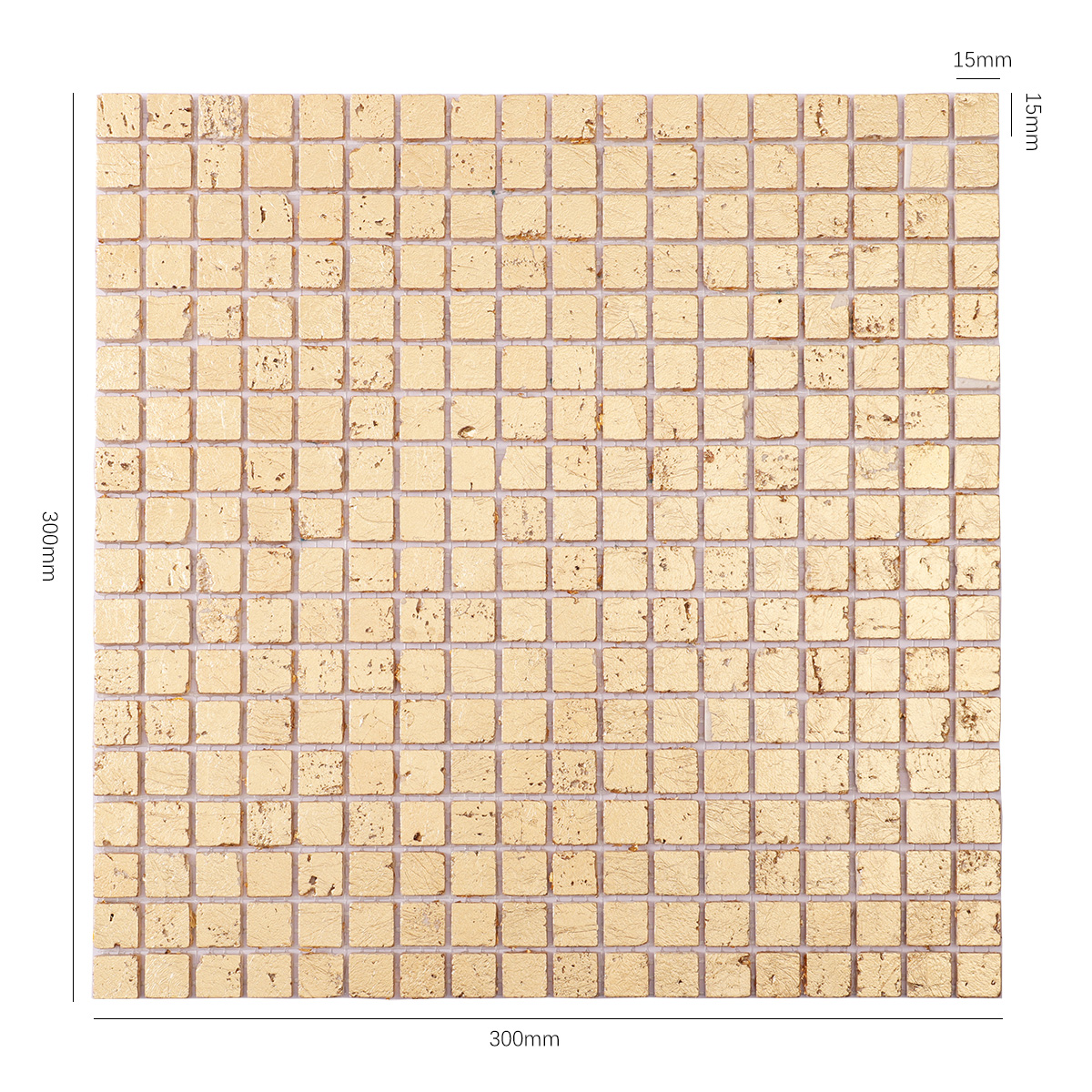 Obverse side of gold foil square travertine mosaic tiles, showing size.
