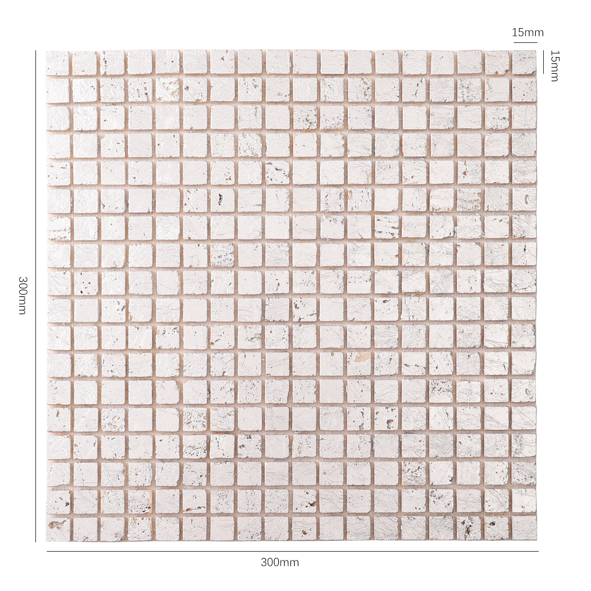 Obverse side of silver foil travertine mosaic wall tiles, showing size.