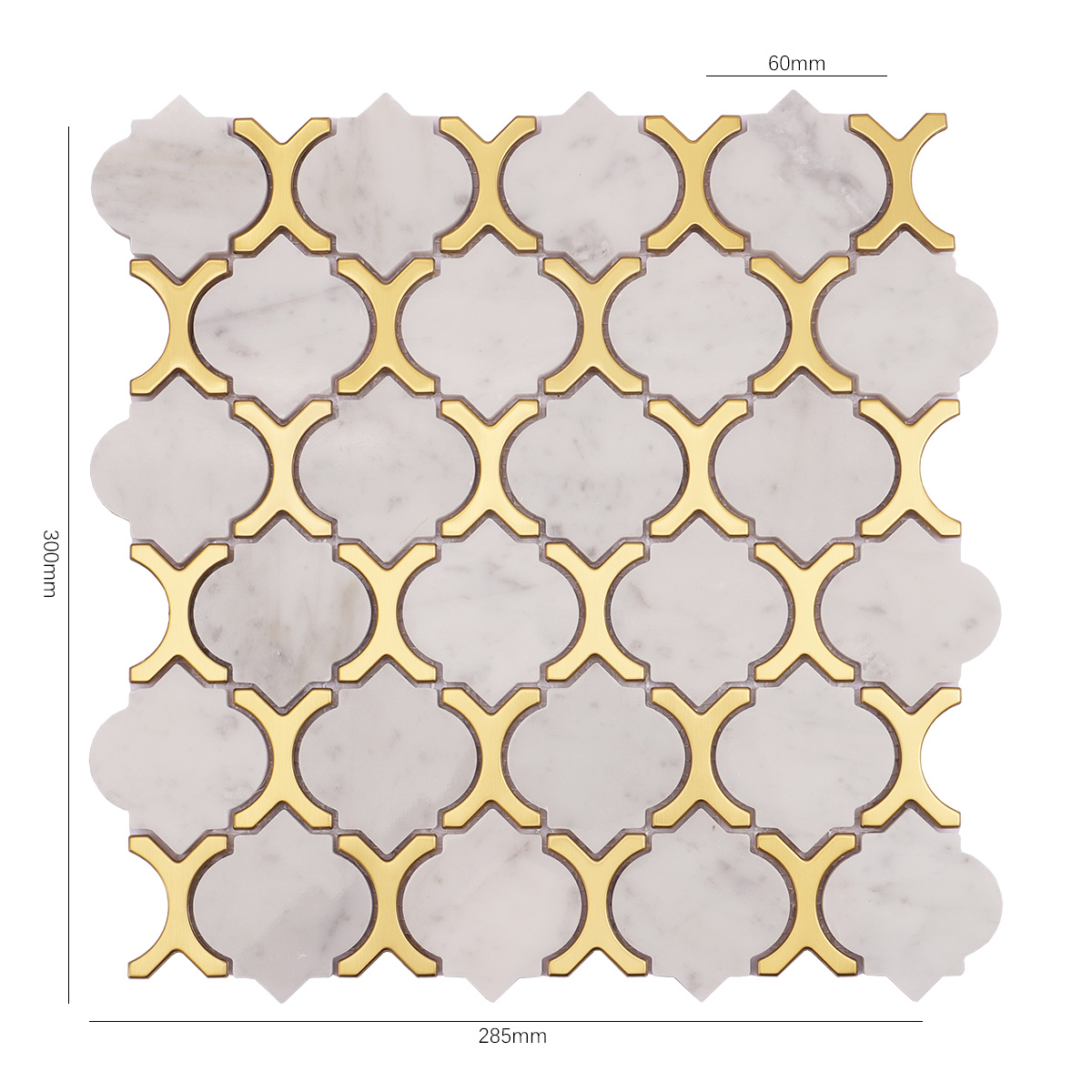 Obverse side of Carrara white marble and gold metal arabesque mosaic tiles, showing size.