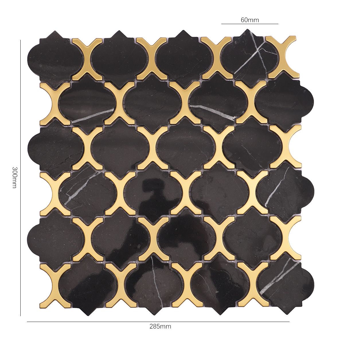 Size view of obverse side of black marble and gold stainless steel arabesque mosaic tiles.