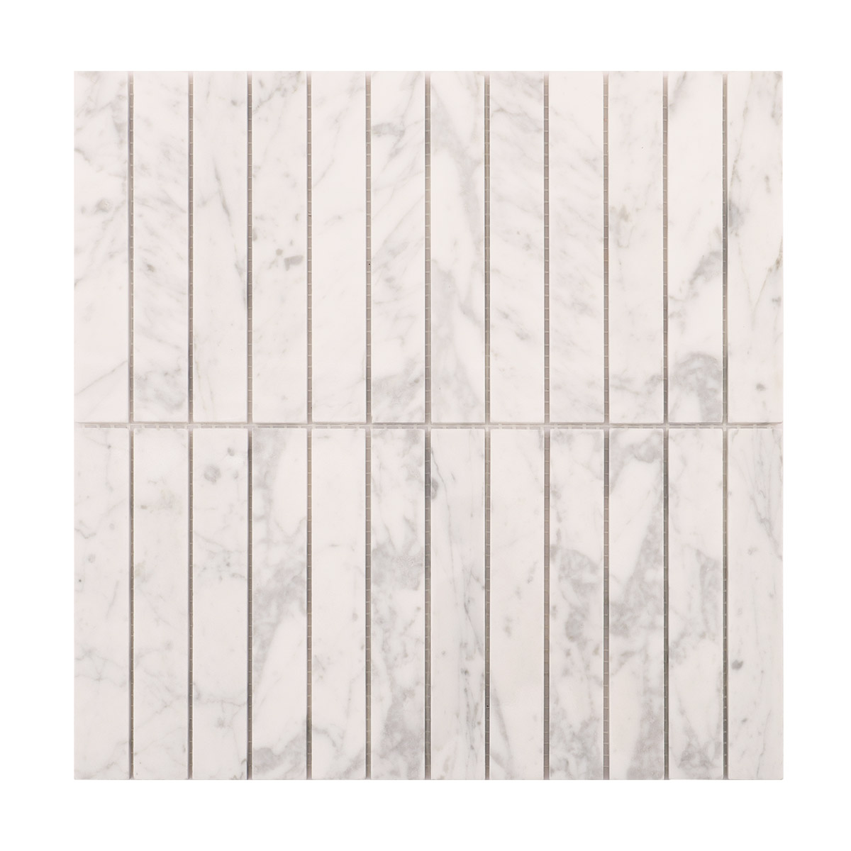 Obverse side of Carrara white marble stacked polished mosaic tiles.