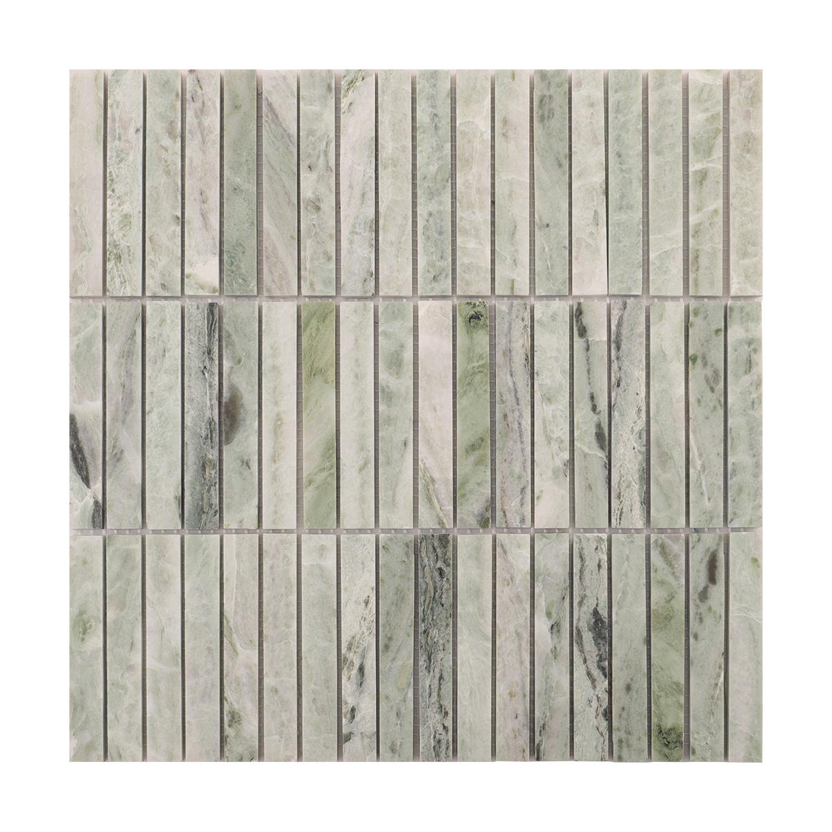 Front view of Ming green marble polished mosaic tiles.