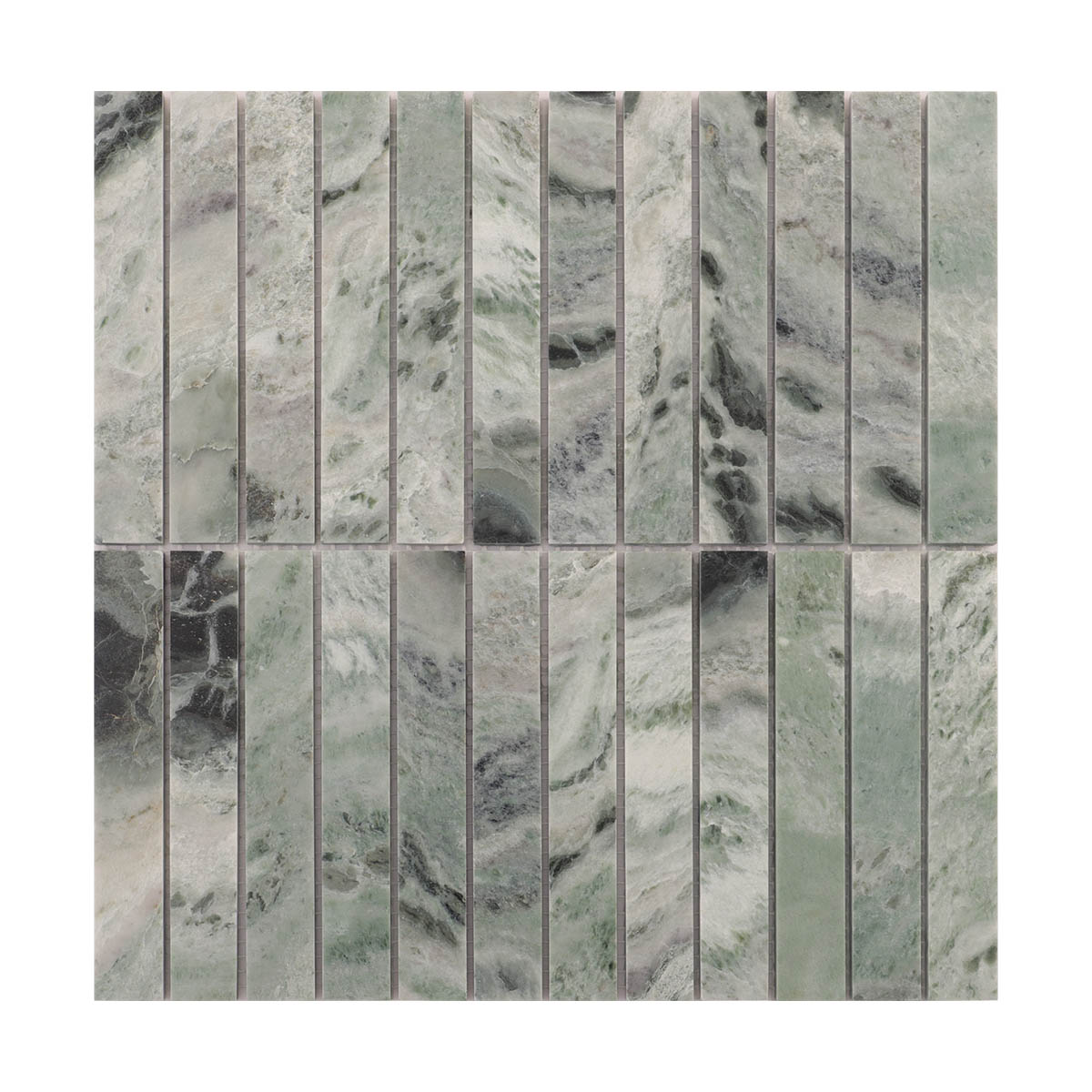 Obverse side of emerald green marble polished vertical mosaic tiles
