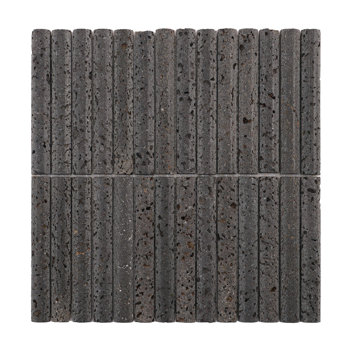 Obverse side of 3D concave fluted strip black lava stone mosaic tiles.