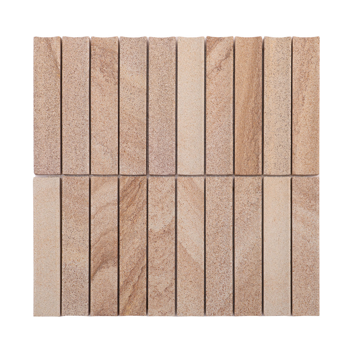 Obverse side of travertine concave honed fluted strip mosaic tiles.