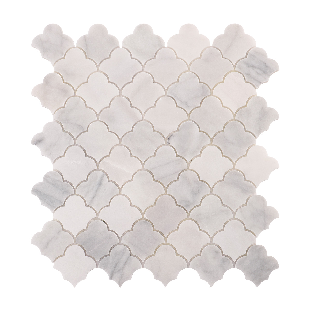 Obverse side of Carrara white cloud natural stone mosaic tiles.