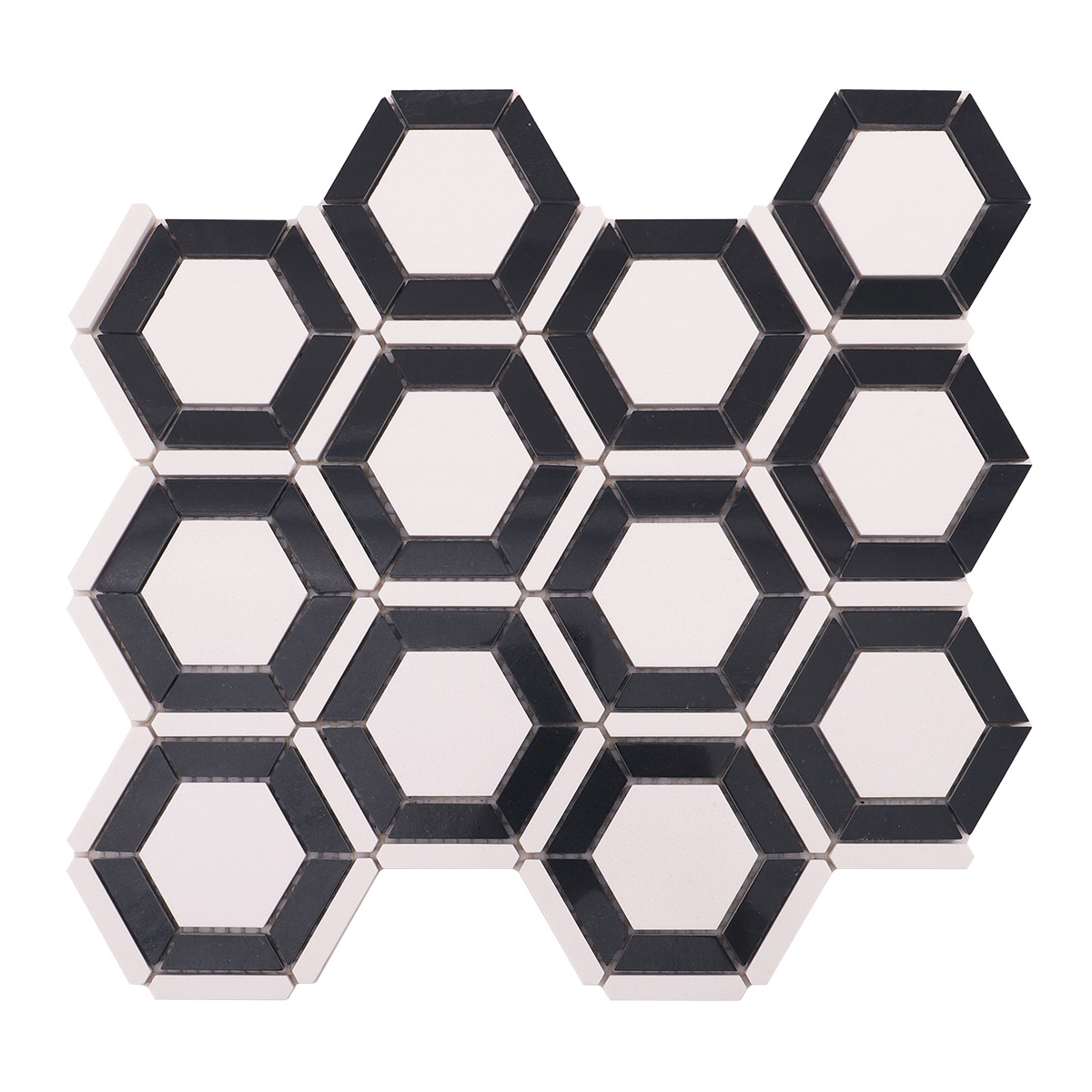 Obverse side of white and black hexagon marble mosaic tiles